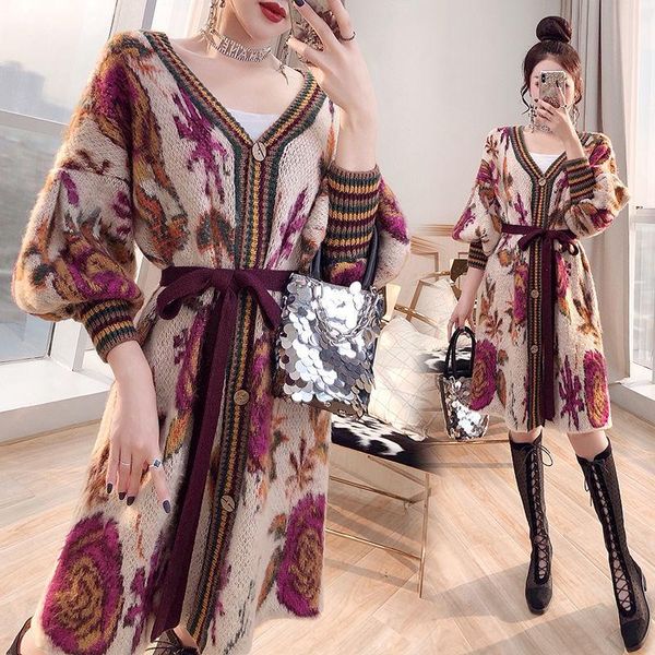 

women's knits & tees luck a autumn winter casual long cardigans women vintage patterns knitting belted sleeve sweater wool outerwear, White