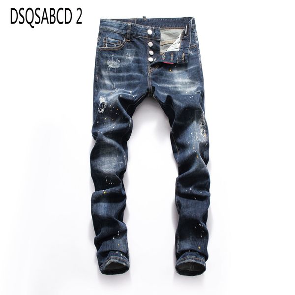 

european american famous brand slim denim trousers button blue hole pencil pants jeans for men 8030