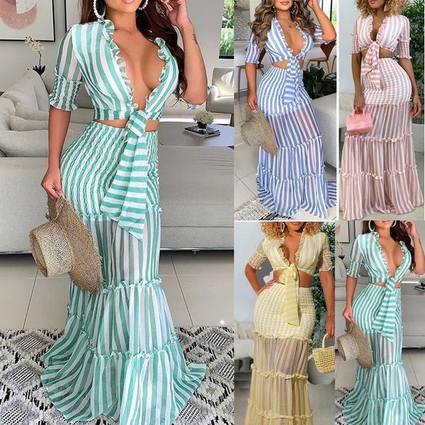 

2 piece set women crop shirt and maxi skirt stripes beach bohemian tie lace up ruffles mesh see trough outfits matching set, Gray