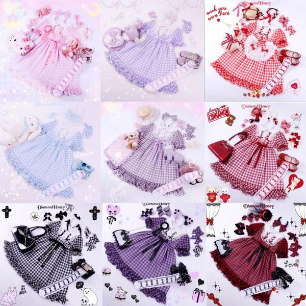 

10 colors kawaii plaid checks japanese women's lolita op dress bows short sleeve peter pan collar cute one piece1, Black;red