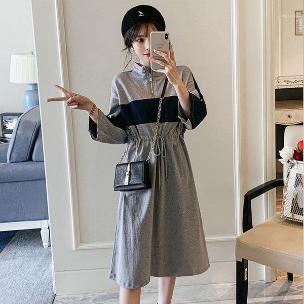 

spring women casual sweat dresses quarter zipper stand collar patchwork lace up elastic waist gray dress girls daily street look1, Black;gray