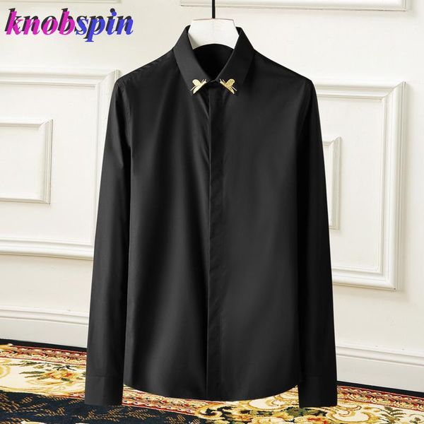 

2019 little gold bee embroidery shirt men long sleeve slim camisas social masculina brand casual business male dress shirts 4xl1, White;black