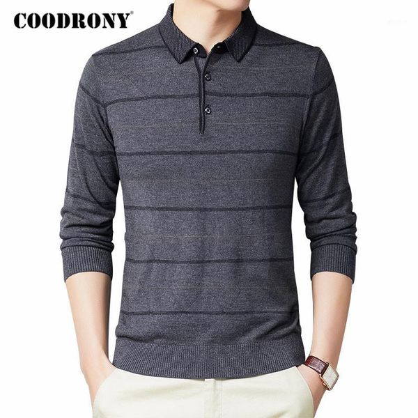 

coodrony sweater men spring autumn wool pullover business casual turn-down collar pull homme striped knitwear shirt c10591, White;black