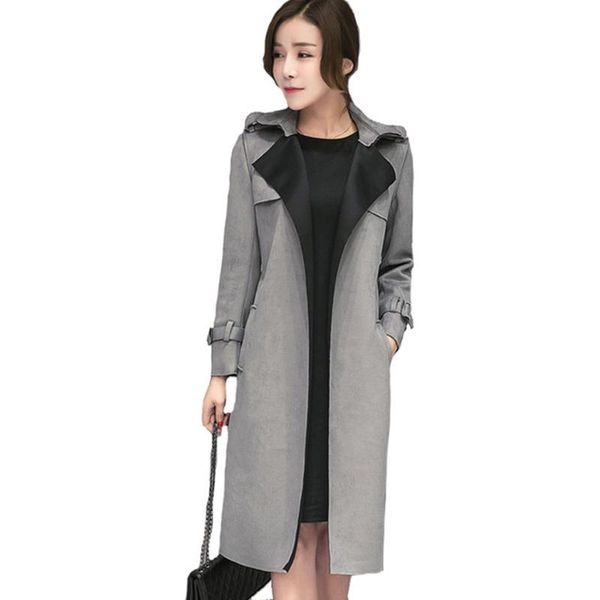 

women's trench coats 2021 fashion women autumn winter suede long coat ladies plus size brief overcoat with belt slim windbreaker outwea, Tan;black