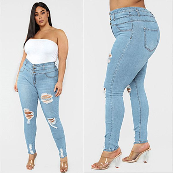 

high waist ripped large size fat jeans women small feet jeans women, Blue