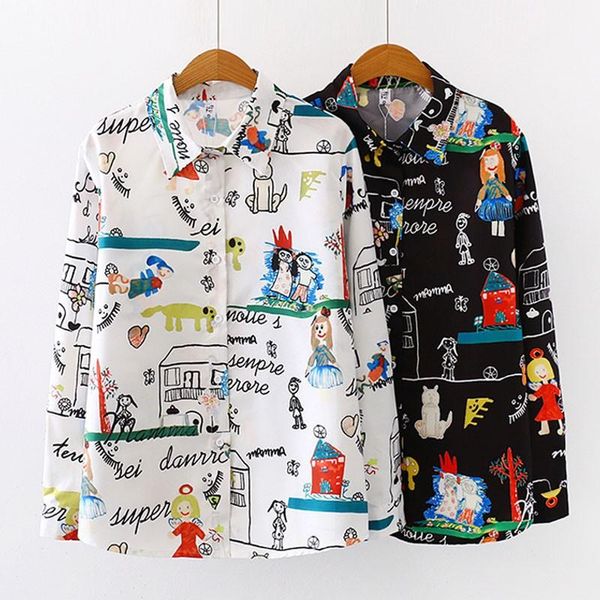 

women cartoon print shirt casual loose blouse 2 colors female turn-down collar long-sleeve fashion, White