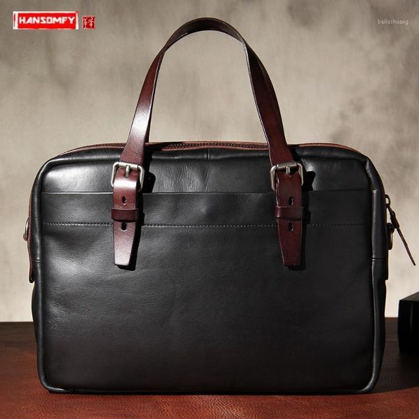 

new men's bag vegetable tanned leather handbag briefcase retro leather business men shoulder diagonal bag computer bags original1