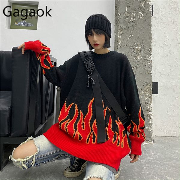 

gagaok loose harajuku women sweater knit spring autumn flame sweaters female fashion long outfit pullovers plus size, White;black
