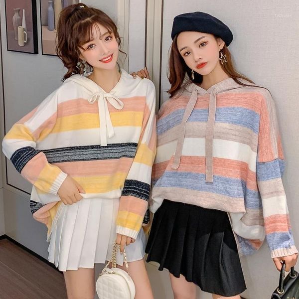

striped knitted sweater women's loose korean-style 2020 new pullovers sweater hooded casual long sleeve women clothes 814a1, White;black