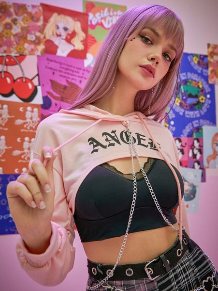 

romwe letter chain super crop hoodie v1d3#, White;black