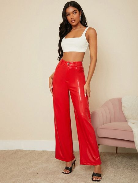 

high waist straight pu leather pants 99uj#, Black;white