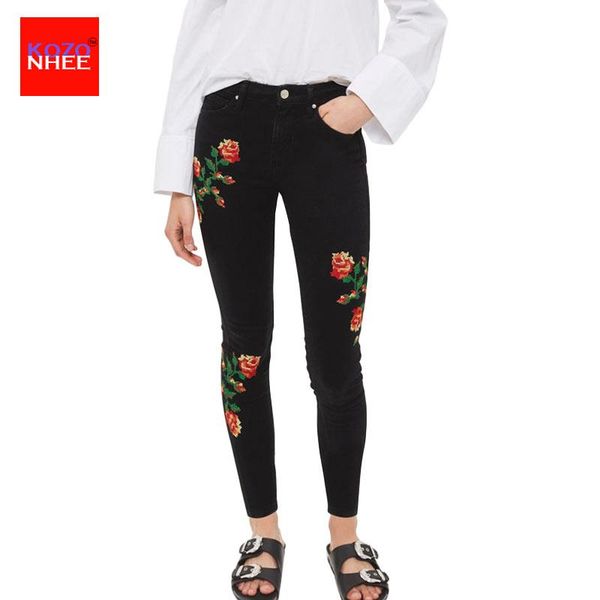 

women elasticity mosaic embroidery jeans with high waist plus size vintage female 2020 ladies black stretch denim pants pencil c, Blue