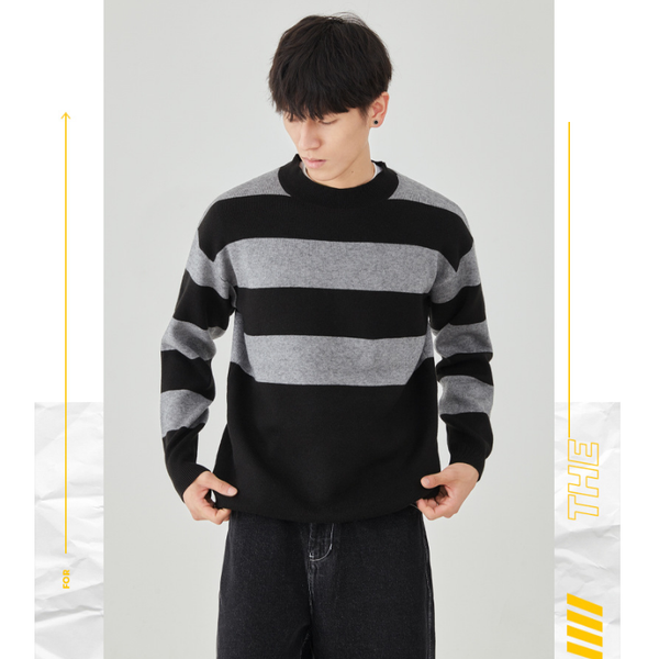 

autumn winter sweater men round neck fashion new clothes striped male simple casual knitted long sleeve pullover, White;black