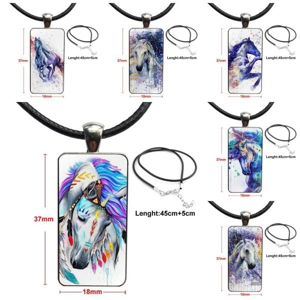 

glass cabochon choker pendant rectangle necklace stainless steel color jewelry for girls wholesale watercolor running horese, Silver