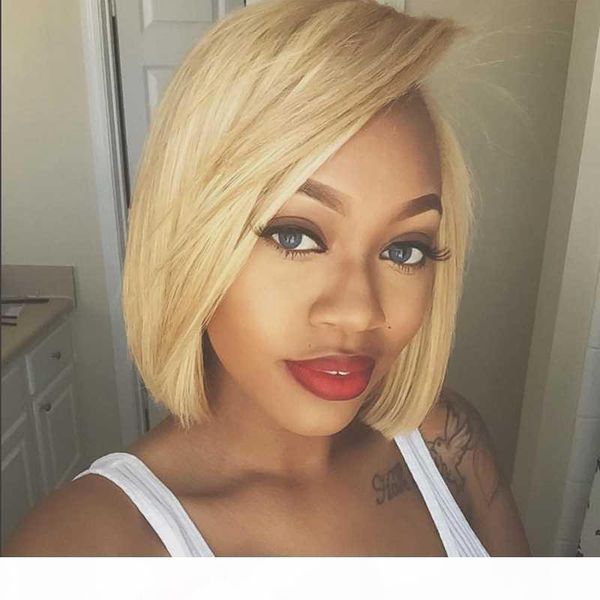 

honey blonde short bob lace front human hair wig soku brazilian straight 4x4 lace closure wig for black women preplucked bob, Black;brown