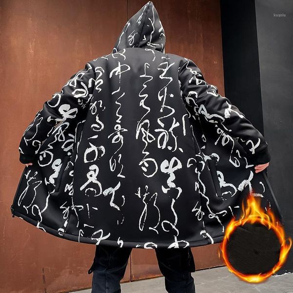 

fleece jacket winter parkas 2020 men print hooded long trench coat black hip hop streetwear thick men's jackets1, Tan;black