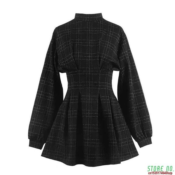 

2020 autum women vintage mini dress long sleeve plaid a-lined punk style gothic dresses for goth girls female retro high waist, Black;gray