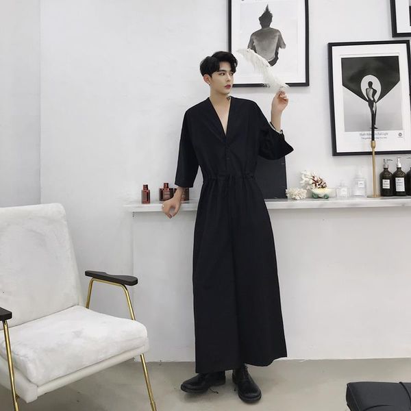 

2018 summer england style high waist romper pants men casual loose rompers wide leg pants for men rompers,m-2xl, Black