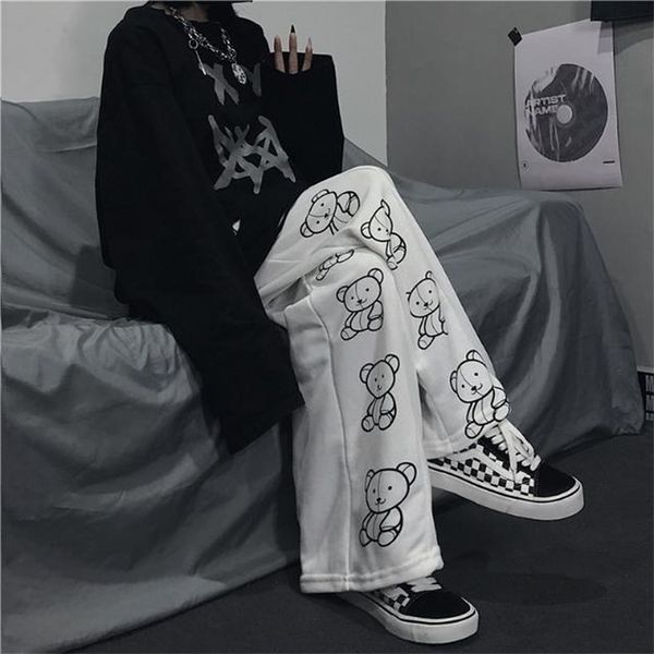 Houzhou estilo coreano calças de perna larga impressão dos desenhos animados harajuku calças streetwear outono moda casual sweatpants feminino 220226