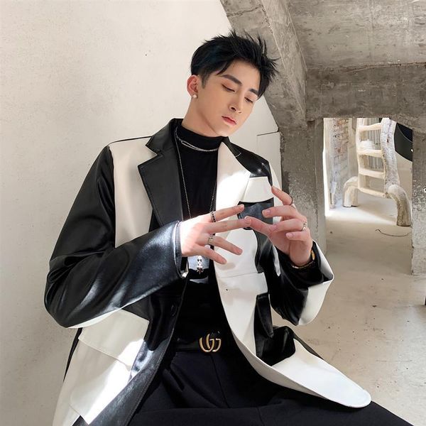 

fashion streetwear hip hop punk fur outerwear men black white splice loose casual leather jacket suit coat male vintage1