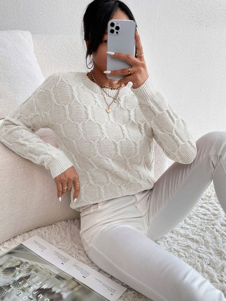 

cable knit drop shoulder sweater g6gk#, White