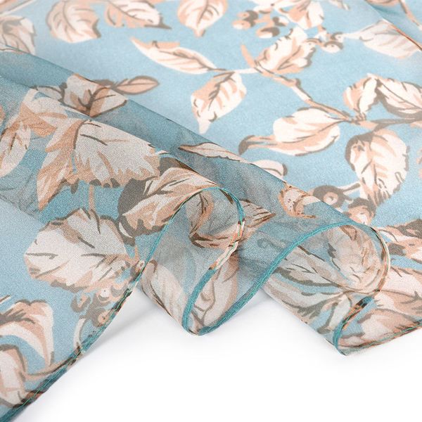 

bysifa] 100% silk chiffon scarf female brand leaves design grey khaki long scarves beach shawls fall winter women neck scarves 201119, Blue;gray