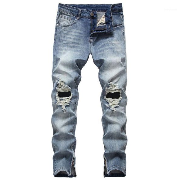 

moruancle fashion hi street destroyed jeans pants with holes men's ripped denim trousers streetwear washed jeans ankle zipper1, Blue