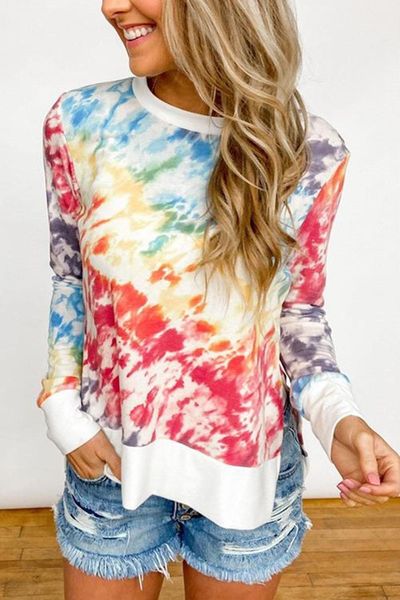 

tie dye women clothes 2020 autumn fashion patchwork long sleeve t shirt women tee o-neck aesthetic female graphic tees, White