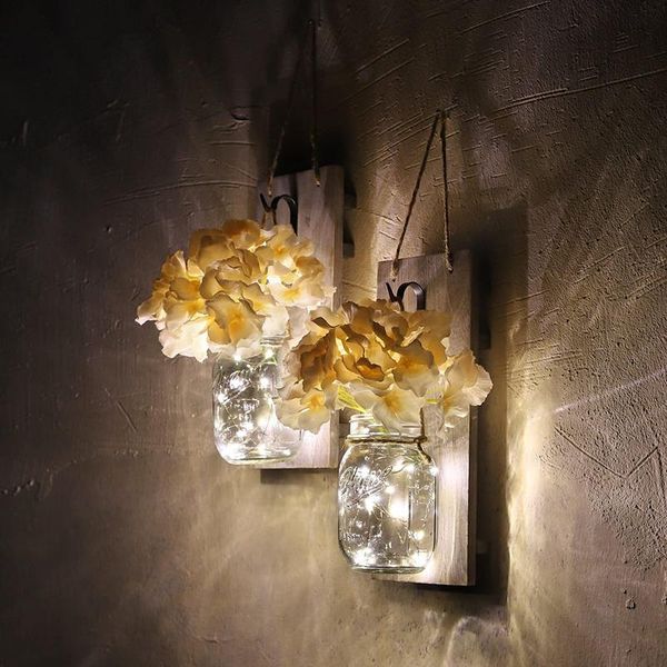 

2pcs rustic grey mason jar sconces with led strip lights 6-hour timer decorative hanging wall decor hydrangea home kitch bbyiam