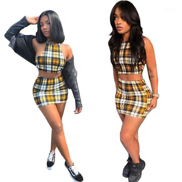 

women casual two piece set halter fashion crop bralette and skirt yellow plaid suits summer female party clubwear1, White