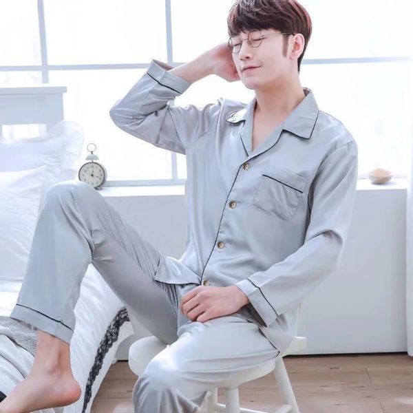 

men's autumn winter full sleeve sleepwear korean fashion solid cozy silk men home clothes suit 2020 new leisure pajama set q1216, Black;white