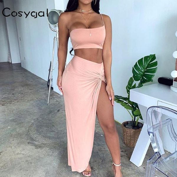 

cosygal one shoulder two piece set crop and long dress high split club 2 piece set women suit solid matching 20201, Gray