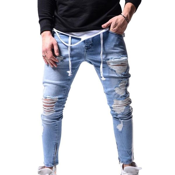 

men stretchy ripped jeans skinny biker zipper slim fit jeans destroyed hole taped denim scratched jean, Blue