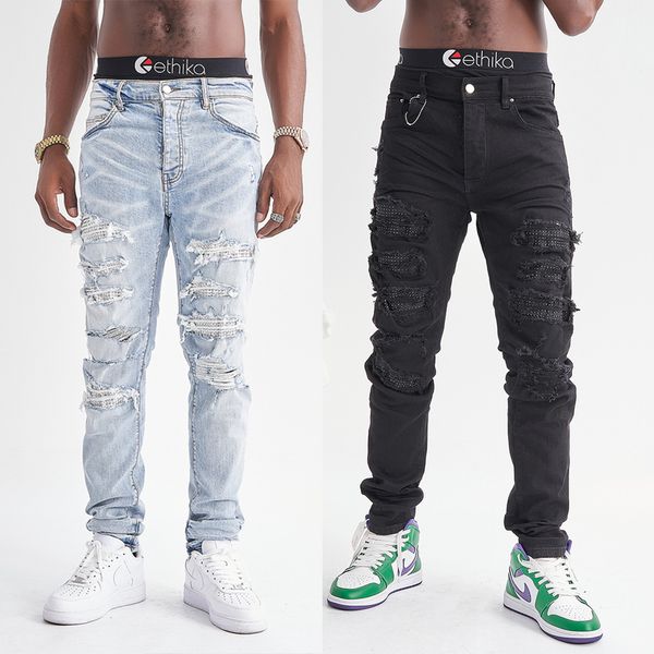 

2021 mens jeans high street brand dirty yellow mud wash water hole patch slim fit, Blue