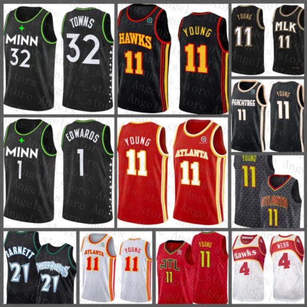 

1 edwards karl-anthony 32 towns 21 garnett trae 11 young spud 4 webb minnesota timberwolves atlanta hawk basketball jersey brown, Black;red
