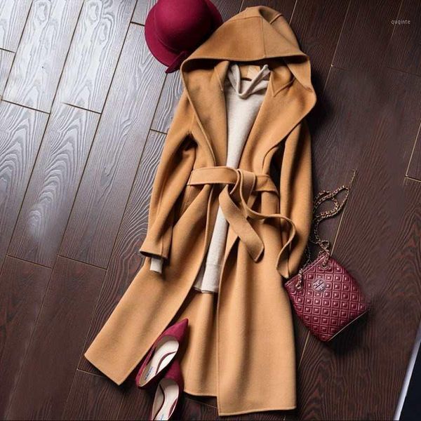 

winter new double face 100% australian wool overcoat women's korean style loose hooded belt woolen coat1, Black