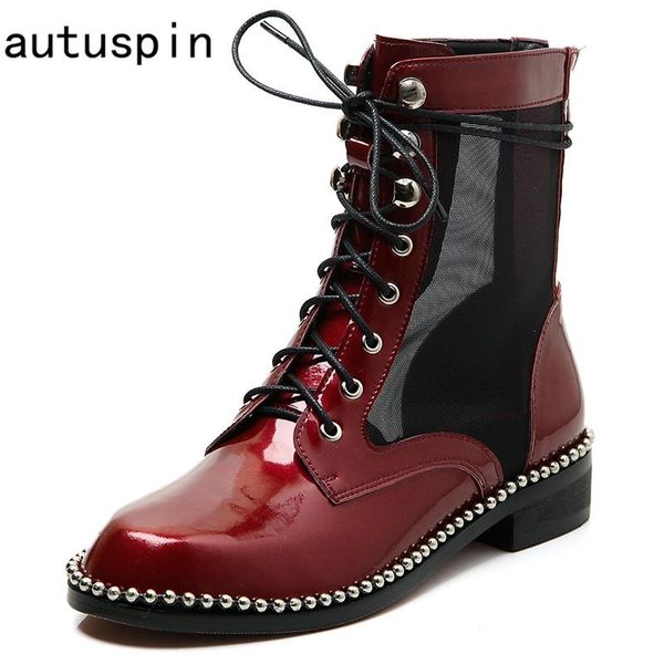 

autuspin women cool fashion mesh motorcycle boots 2020 summer autumn female metal bordered flat ankle booties breathable shoes, Black