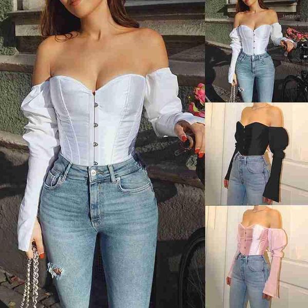 

women's new style solid color one-shoulder waist tie halter long sleeve, White