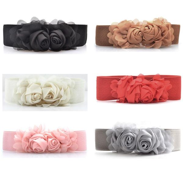 

women's lace rose flower buckle stretch belt dress decoration elastic waist belt bltll0070, Black;brown