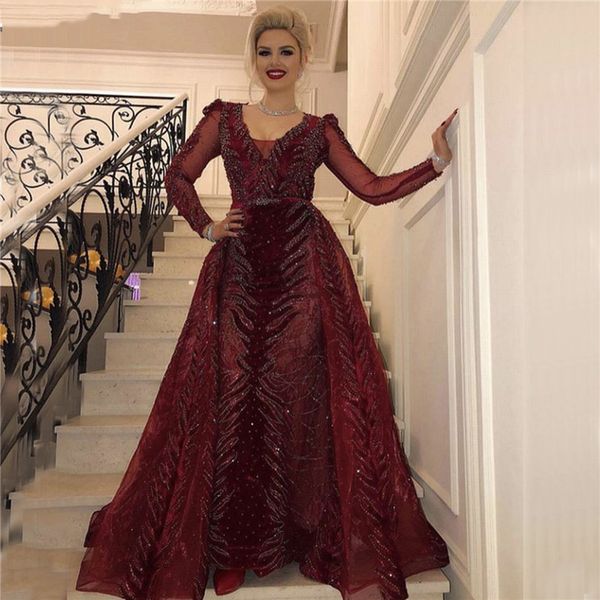 

burgundy v neck long sleeves sequined mermaid evening dresses with sash sweep train beaded formal promg gowns plus size, Black;red