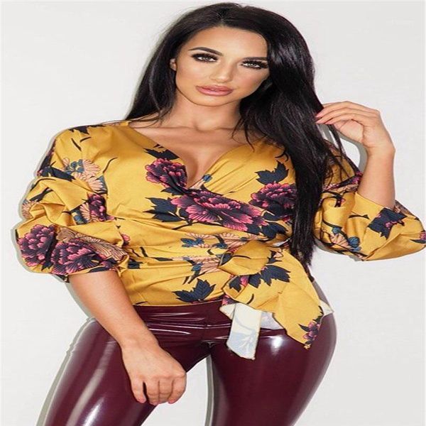 

women's blouses & shirts 2021 women floral print wrap satin blouse lady fashion v neck lace up slim elegant bandage clubwear 5 colors1, White