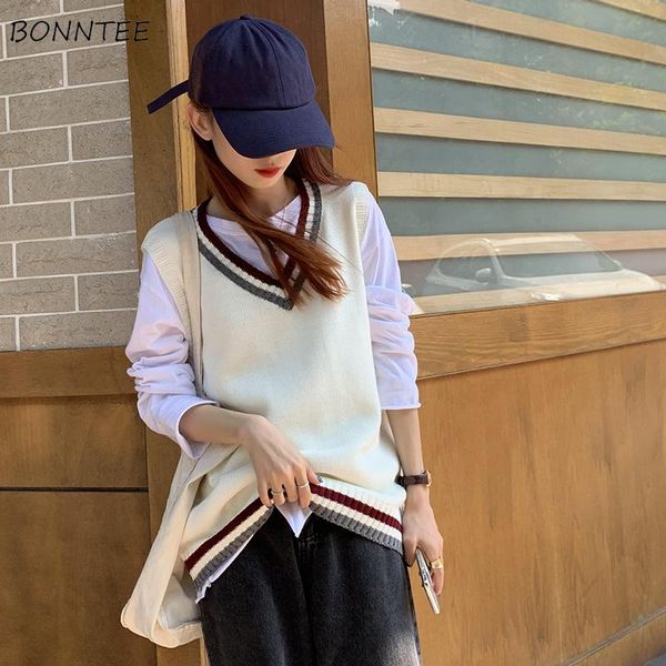 

women's vests sweater vest women vintage v-neck autumn loose knitting chic sleeveless fashion all-match retro harajuku students, Black;white