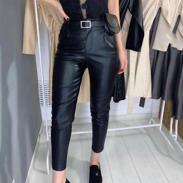

2020 autumn and winter new women's high waist faux leather pencil pants elegant belt pocket street wear pu pants1, Black;white
