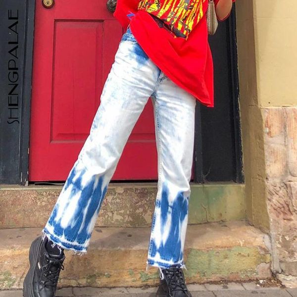 

shengpalae tie dye hem jeans women's 2021 spring new high waist loose casual straight female streetwear cowboy pants 5a764, Blue