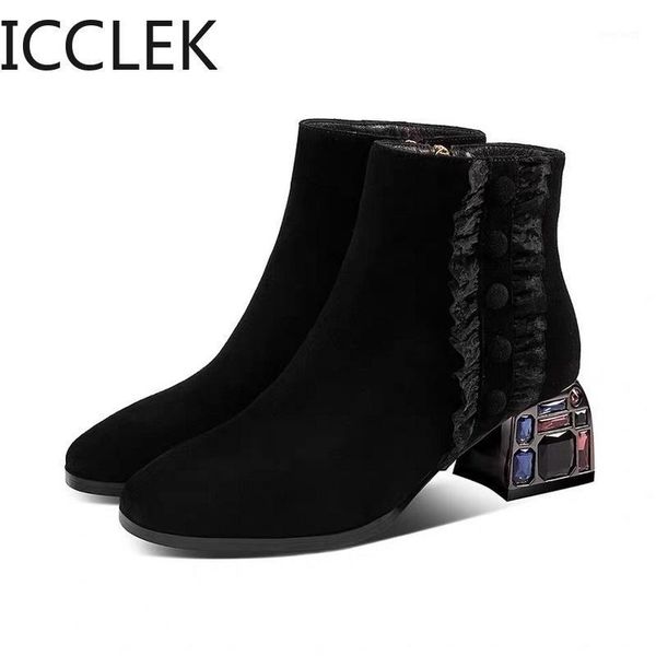 

2020 new women's boots fashion side-pull mid-heel ankle boots round head wedge-heel suede women's zapatos de mujer a0471, Black