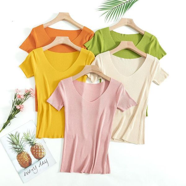 

basic knit v neck women t shirt spring summer ribbed cotton pullover soft female short sleeves slim tshirt, White