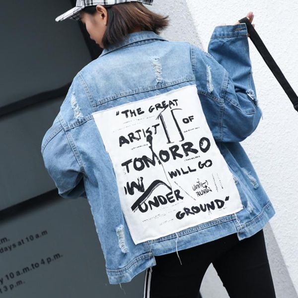 

streetwear autumn frayed ripped hole jeans bomber jacket basic coat vintage patchwork denim jackets women outwear female dt0251, Black;brown
