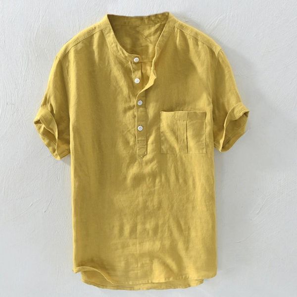 

kancoold shirt men's summer new pure color cotton hemp button short sleeves fashion large size blouse shirts for men jun2, White;black