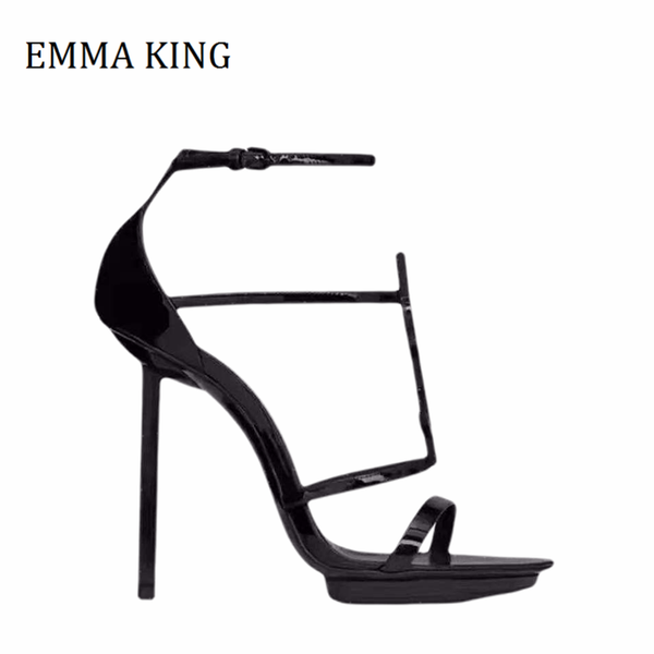 

sandals 2021 summer women 110mm metal letter decor stiletto heel open toe ankle strap party dress gladiator, Black