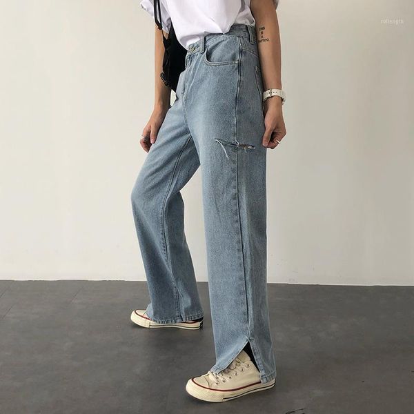 

ewq / men's wear straight jeans male korean style high-waisted slim vintage loose hole vent hem streetwear jeans 2020 new 9y26521, Blue